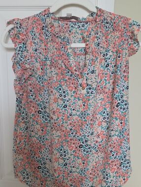 LOFT Coral and Teal Floral Smocked Cap Sleeve Top